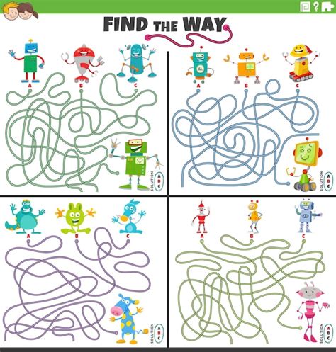 premium vector find the way maze games set with cartoon robot characters