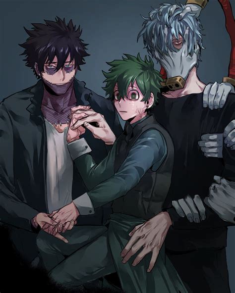 Three Anime Characters Sitting Next To Each Other In Front Of A Dark