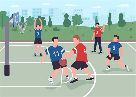People Playing Basketball On Street Flat Color Vector Illustration By