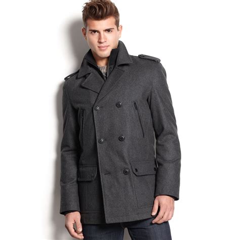 Lyst Guess Coat Double Breasted Peacoat In Gray For Men