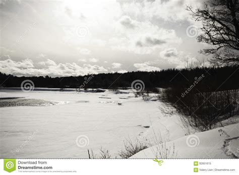 River Running Lengthwise Snowy Banks Stock Image Image Of Shore