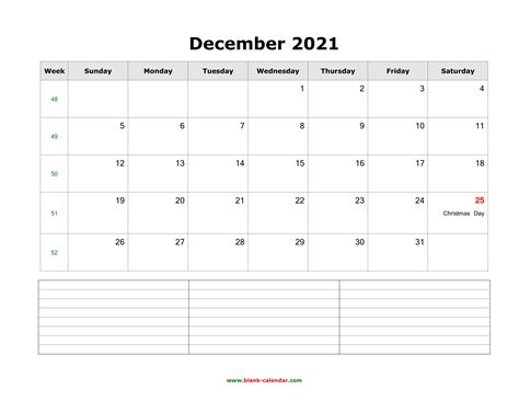 Download December 2021 Blank Calendar With Space For Notes Horizontal