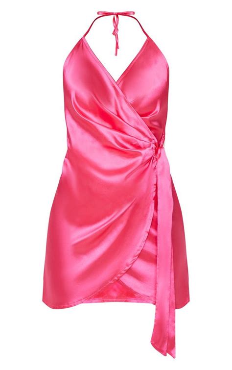 hot pink satin halterneck wrap bodycon dress fashion outfits hot pink dresses stage outfits