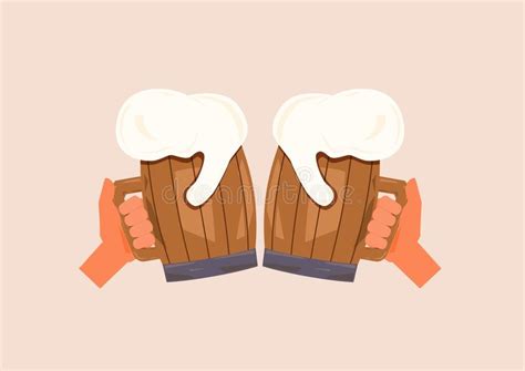 Oktoberfest Beer Festival Two Hands Holding Wooden Mug With Beer And Foam Stock Vector