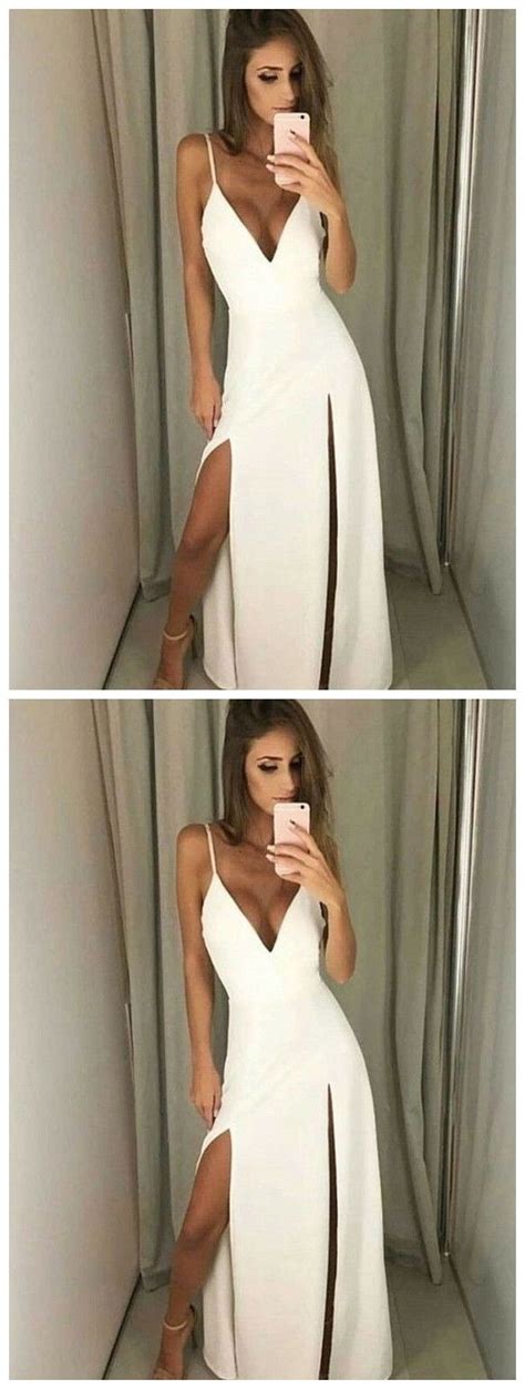 V Neck White Maxi Dress With Slits Simple Prom Dress In 2020 With Images