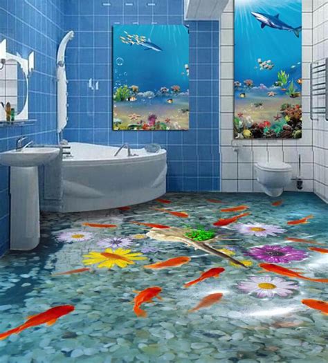 3d Beautiful Fish Pond Floor Mural Non Slip Waterproof And Removable R