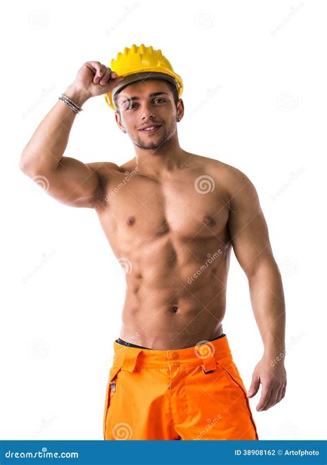 Muscular Young Construction Worker Shirtless Smiling Stock Photo