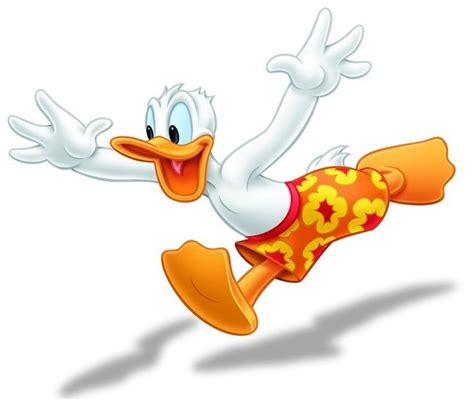 A Cartoon Duck Is Flying Through The Air With His Arms Out And Legs