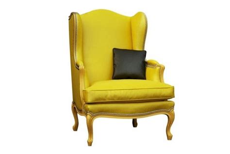 Interior with armchair and flowery wallpaper. at KMPfurniture.com | Yellow armchair, Armchair, Patterned ...