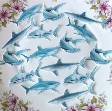 Edible Sharks X 36 Wafer Paper Blue Grey Ocean Sea Birthday