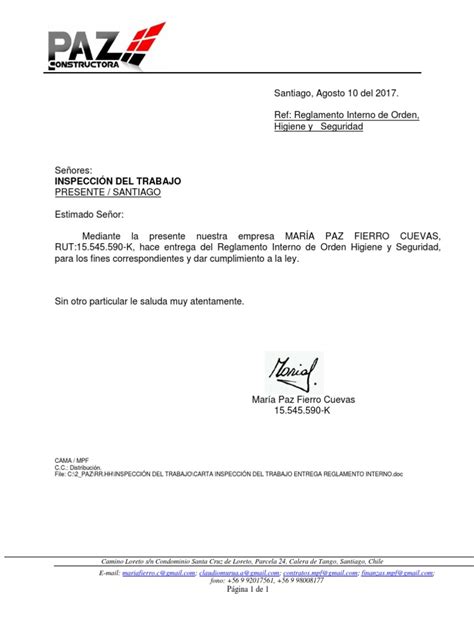 Código del trabajo, título primero, capítulo v, del ministerio del trabajo y previsión social. Carta Inspección Del Trabajo Entrega Reglamento Interno