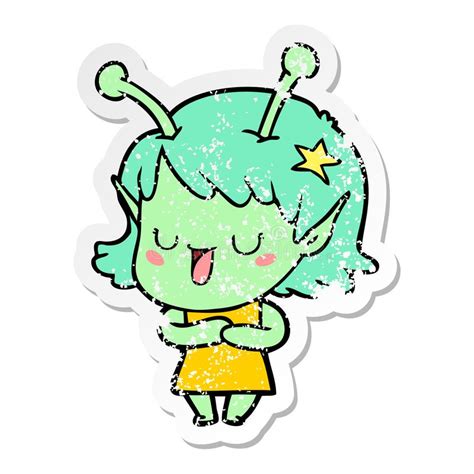 A Creative Distressed Sticker Of A Happy Alien Girl Cartoon Stock