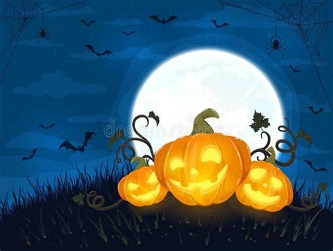 Three Halloween Pumpkins With Moon On Blue Background Stock Vector