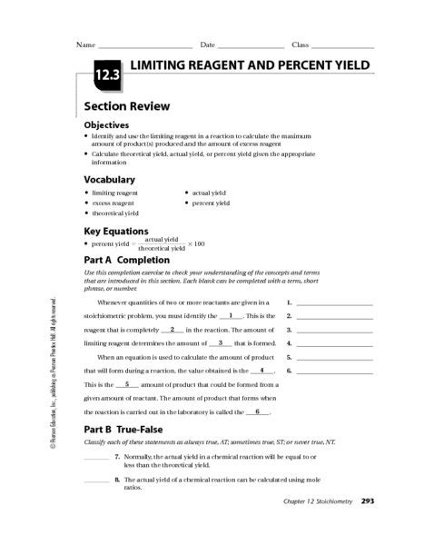 Limiting Reactants And Percent Yield Worksheets