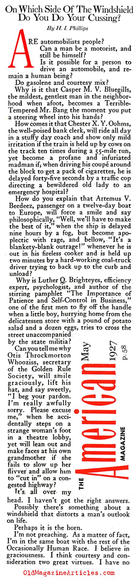 ROAD RAGE ESSAY,1920S ROAD RAGE MAGAZINE ARTICLE,ROAD RAGE FRUSTRATION,ANGRY DRIVING,ARROGANT 