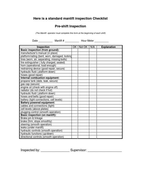 Sample equipment checklist 8+ free documents download in word. Here is a standard manlift inspection Checklist Pre-shift Inspection