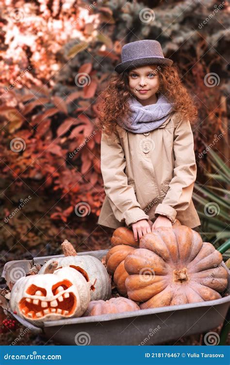 Beautiful Little Girl With Pumpkins In Autumn Park Stock Image Image