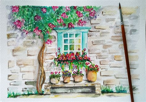 Backyard Garden In Watercolors Painting Flower Art Watercolor Paintings