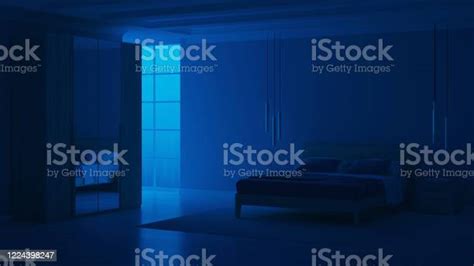 Modern Bedroom Interior With Blue Walls Night Evening Lighting 3d