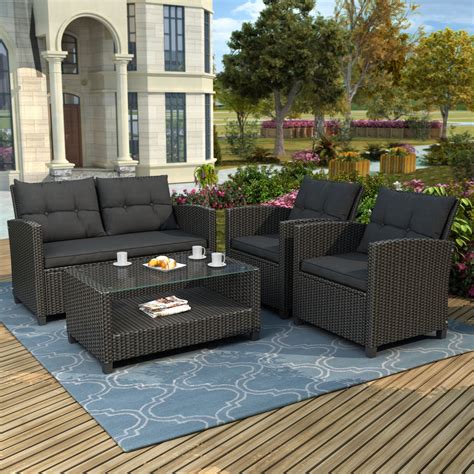 Outdoor Wicker Sectional Sofa Set 4 Piece Patio Furniture Conversation