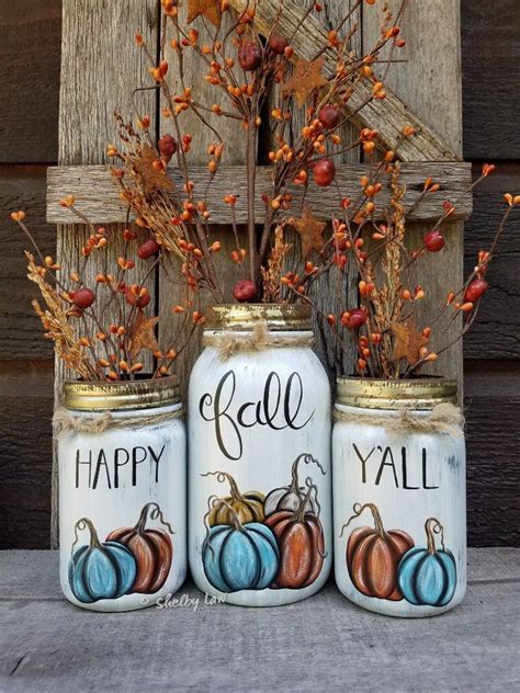 Happy Fall Yall Painted Mason Jars Fall Mason Jars Pumpkins Etsy