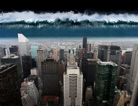 A Tsunami Comes Out Against The City Of New York Stock Photo Image Of