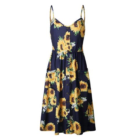 Spaghetti Strap Sunflower Floral Print Summer Midi Dress With Pockets