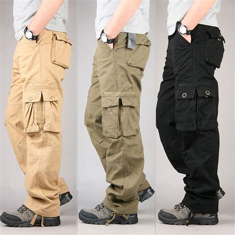 100 Cotton Durable Multi Pocket Loose Baggy Cargo Pants Men Military Style Long Trousers Black