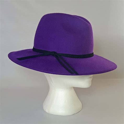 Purple Wide Brim Wool Felt Fedora Hat Rose And Bows