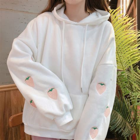 Loneyshow Solid Color Embroidered Strawberry Pullover Women Warm Cute