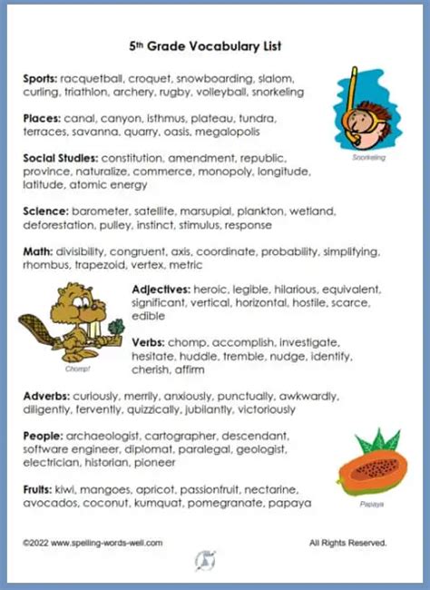 Vocabulary Words For Fifth Graders