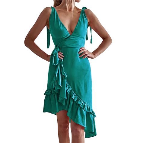 Women Sleeveless V Neck Ruffle Wrap Dress Asymmetric Summer Sundress Holiday Vestidos De Fiesta