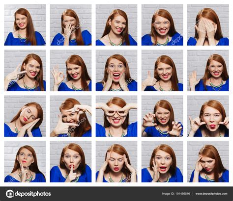 Facial Expressions Of Young Redhead Woman On Brick Wall Stock Photo By