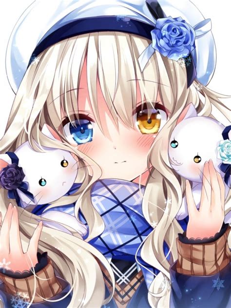 Download 600x800 Anime Girl Bicolored Eyes Cats Blonde