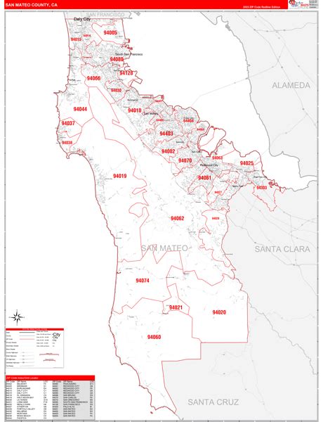 San Mateo County Ca Zip Code Wall Map Red Line Style By Marketmaps