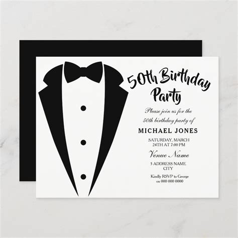 A Black And White 50th Birthday Party Card With A Tuxedo On The Front