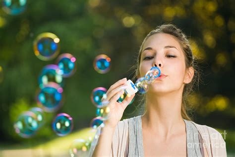 Bubbles Blowing Girl Blowing Bubbles Outdoors Stock Photo