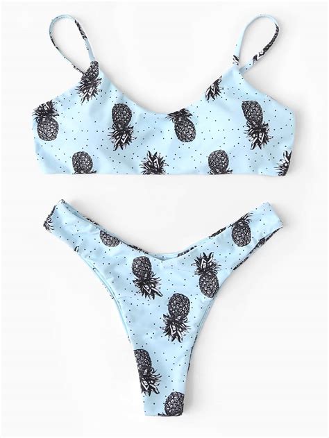 Blue Pineapple Fruit Swimsuit Cami Top With High Leg Bikini Bottom Bikinis High Leg Bikini
