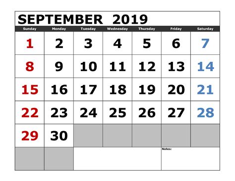 Calender Sep 2019 Printable Calendar