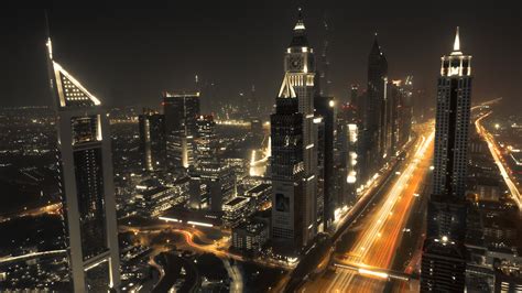 Dubai Stadtnacht Wolkenkratzer Lichter Straße 3840x2160 Uhd 4k