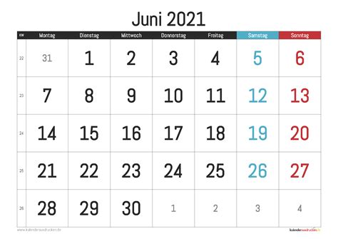 Vergrössert auf din a3/a2 oder verkleinert auf din a5/a6; Kalender Juni 2021 zum Ausdrucken - Kalender 2021 zum ...