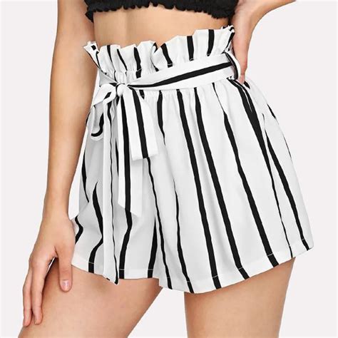 Women Retro Stripe High Waist Shorts Casual Fit Elastic Waist Pocket
