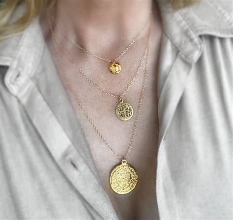 Long Layer Greek Medallion Coin Necklace 14k Gold Filled Long Necklace Phaistos Pendant Large