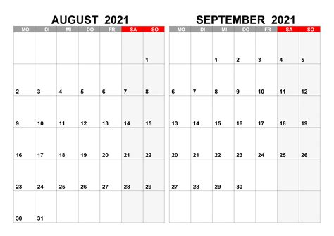 Kalender Für August September 2021 Kalendersu