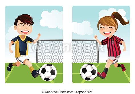 Weitere ideen zu fussball, ball, hallenfussball. Kinder spielen fußball. Ein vektor illustriert einen jungen und ein mädchen, das fußball spielt ...