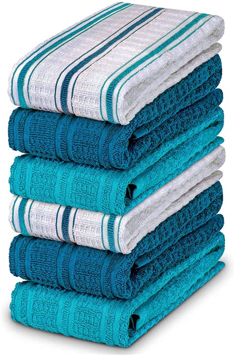 decorrack 6 large kitchen towels 100 cotton 16 x 27 inches white and turquoise 6 pack