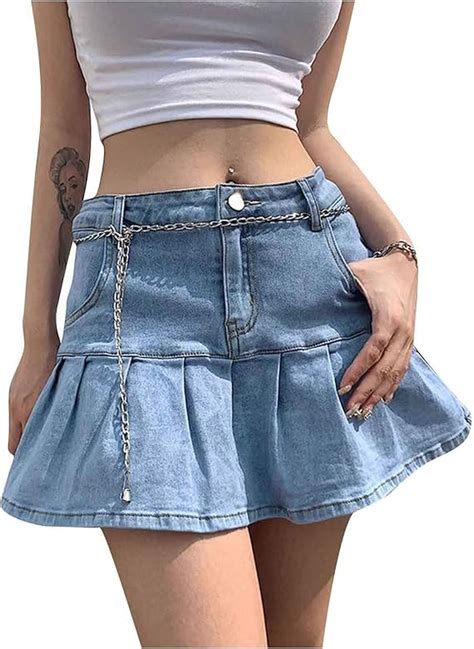 Zbyy Womens Denim Skirt Fashion Slim A Line Ruffle Swing Pleated Denim Mini Short Skirts Summer