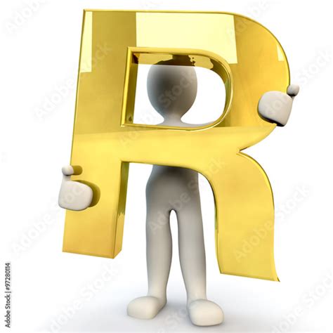 3d Human Character Holding Golden Alphabet Letter R Buy This Stock