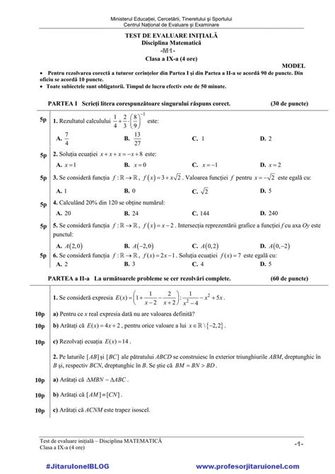 Examen Clasa 9 2021 Matematica Rezolvate Clasa A V A Test Initial La