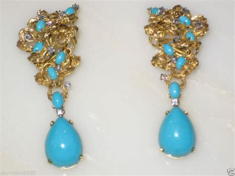 Vintage Kt Yellow Gold Turquoise Diamond Dangle Clip Earrings